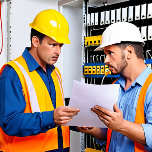 Home 20 **Image Prompt for Contract Violations**:
"An illustration depicting a confused contractor and client discussing a contract with unclear terms. The background features electrical installation tools and materials, highlighting the importance of clear communication in avoiding misunderstandings in electrical installations."