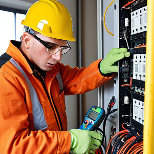 Home 19 **
A young apprentice electrician, wearing appropriate safety gear (gloves, safety glasses), carefully stripping the insulation from an electrical cable with pliers. An older, experienced electrician is observing and offering guidance. The setting is a typical German "Baustelle" (construction site) with exposed wiring and electrical panels in the background. Focus on the attention to detail and safe working practices.
**
