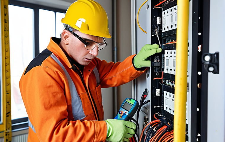 **
A young apprentice electrician, wearing appropriate safety gear (gloves, safety glasses), carefully stripping the insulation from an electrical cable with pliers. An older, experienced electrician is observing and offering guidance. The setting is a typical German "Baustelle" (construction site) with exposed wiring and electrical panels in the background. Focus on the attention to detail and safe working practices.
**