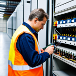 A highly skilled professional electrician, fully clothed in sturdy, modest work attire including safety shoes and a reflective vest, meticulously inspecting wiring within a modern industrial electrical cabinet. The environment is a well-organized factory floor with clean lines and professional equipment. The image captures the essence of practical experience and diligent troubleshooting, emphasizing hands-on expertise and precision.
safe for work, appropriate content, fully clothed, professional, perfect anatomy, correct proportions, natural pose, well-formed hands, proper finger count, natural body proportions, high-quality, professional photography, detailed.