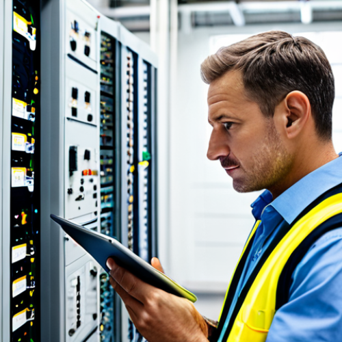 Home 9 A male professional electrical engineer, fully clothed in a modest, clean business casual shirt and safety vest, meticulously inspecting a complex, modern electrical control panel. He holds a digital tablet displaying technical schematics, his expression focused and analytical. The background is a well-lit, organized, high-tech industrial setting with neatly arranged wiring. Perfect anatomy, correct proportions, natural pose, well-formed hands, proper finger count, natural body proportions. Safe for work, appropriate content, fully clothed, professional.