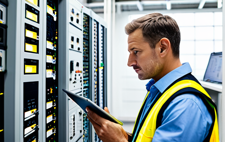 A male professional electrical engineer, fully clothed in a modest, clean business casual shirt and safety vest, meticulously inspecting a complex, modern electrical control panel. He holds a digital tablet displaying technical schematics, his expression focused and analytical. The background is a well-lit, organized, high-tech industrial setting with neatly arranged wiring. Perfect anatomy, correct proportions, natural pose, well-formed hands, proper finger count, natural body proportions. Safe for work, appropriate content, fully clothed, professional.