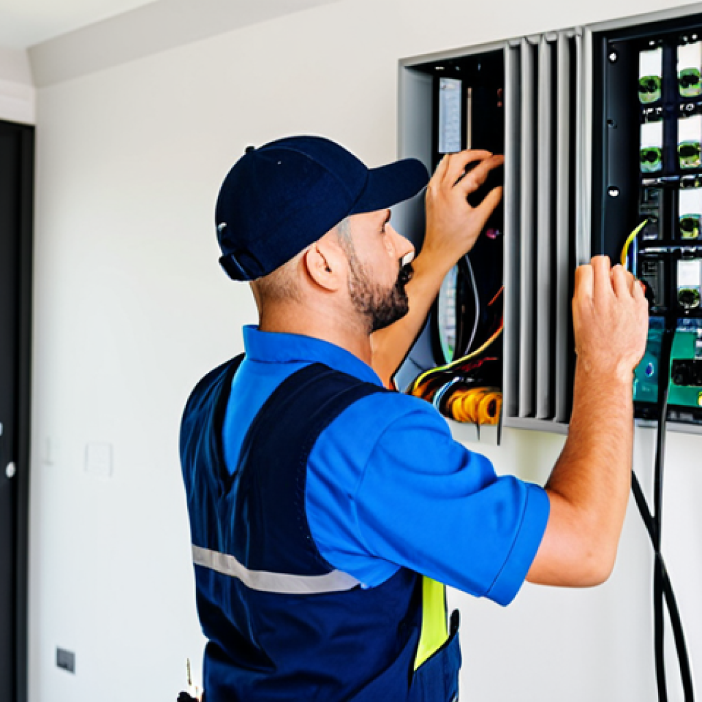 **
"A professional electrician, fully clothed in work attire, installing a smart home system in a modern living room. Focus on the electrician connecting wires to a control panel. The room is bright and clean. Safe for work, appropriate content, perfect anatomy, correct proportions, well-formed hands, natural pose, professional, family-friendly, modest clothing."
**