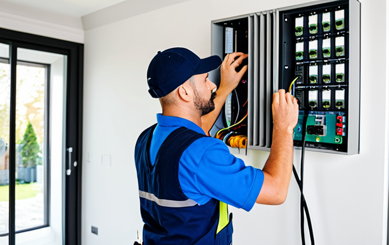 **

"A professional electrician, fully clothed in work attire, installing a smart home system in a modern living room. Focus on the electrician connecting wires to a control panel. The room is bright and clean. Safe for work, appropriate content, perfect anatomy, correct proportions, well-formed hands, natural pose, professional, family-friendly, modest clothing."

**