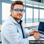 Home 18 전기공사 주요 시공사별 채용 정보 - A professional modern electrical engineer in a bright, high-tech laboratory, wearing safety glasses ...