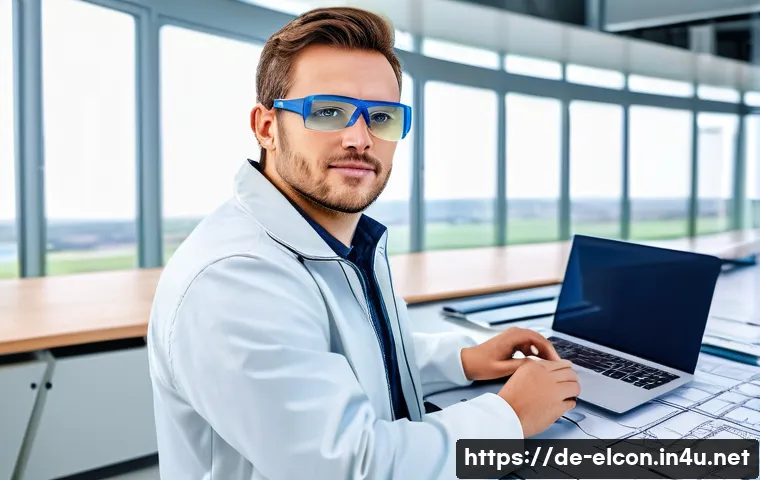 전기공사 주요 시공사별 채용 정보 - A professional modern electrical engineer in a bright, high-tech laboratory, wearing safety glasses ...