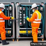 Home 17 전기공사 현장 안전 수칙 정리 - A detailed scene of an electrical construction site in Germany, showing multiple workers wearing ful...