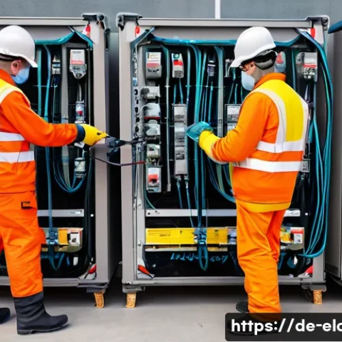 Home 29 전기공사 현장 안전 수칙 정리 - A detailed scene of an electrical construction site in Germany, showing multiple workers wearing ful...