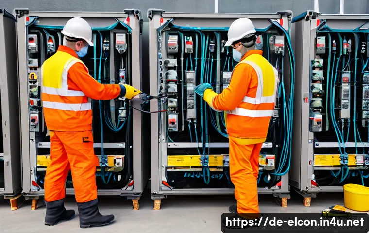 전기공사 현장 안전 수칙 정리 - A detailed scene of an electrical construction site in Germany, showing multiple workers wearing ful...