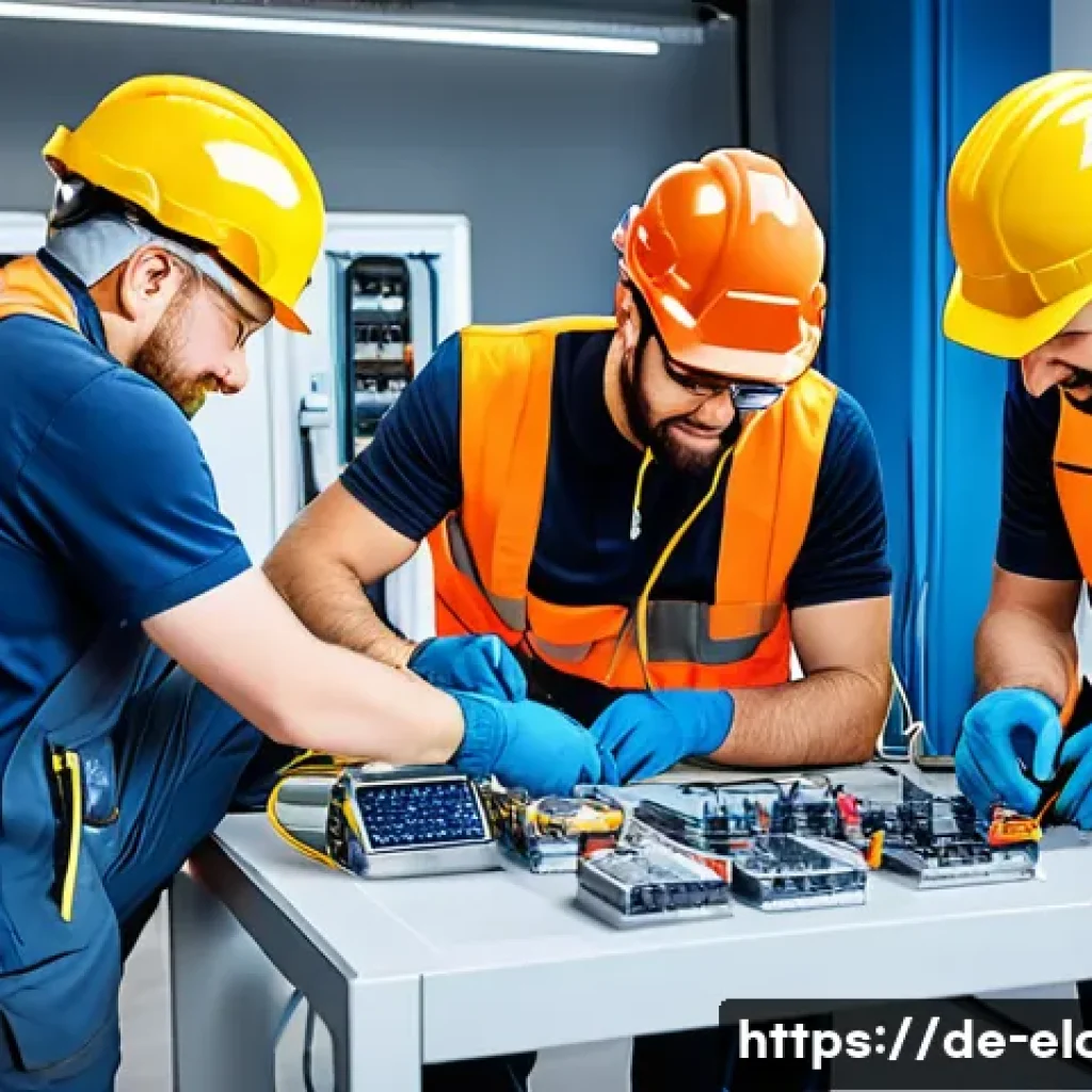 전기공사 분야에서의 자기 계발 방법 - A detailed workshop scene in Germany showing a diverse group of adult electricians collaboratively w...
