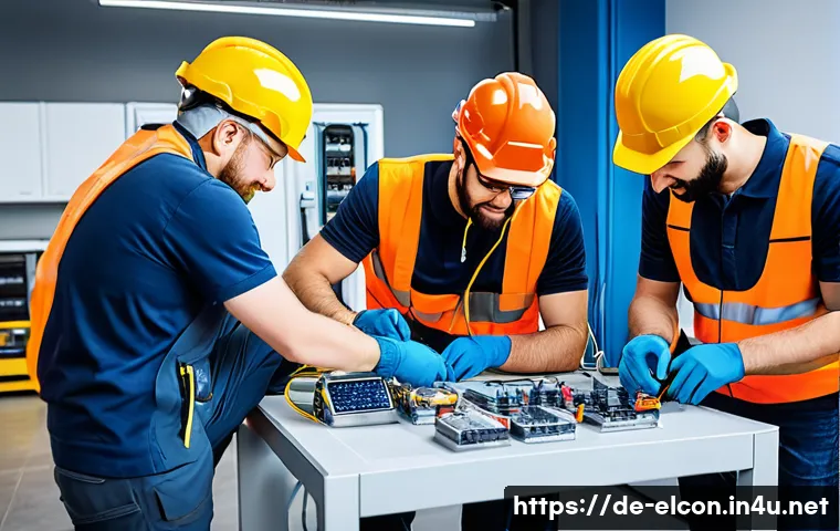 전기공사 분야에서의 자기 계발 방법 - A detailed workshop scene in Germany showing a diverse group of adult electricians collaboratively w...